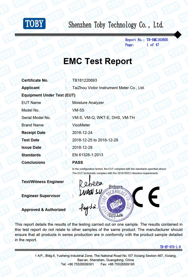 香港今晚开现场直播卤素水分测定仪获得CE-EMC认证报告